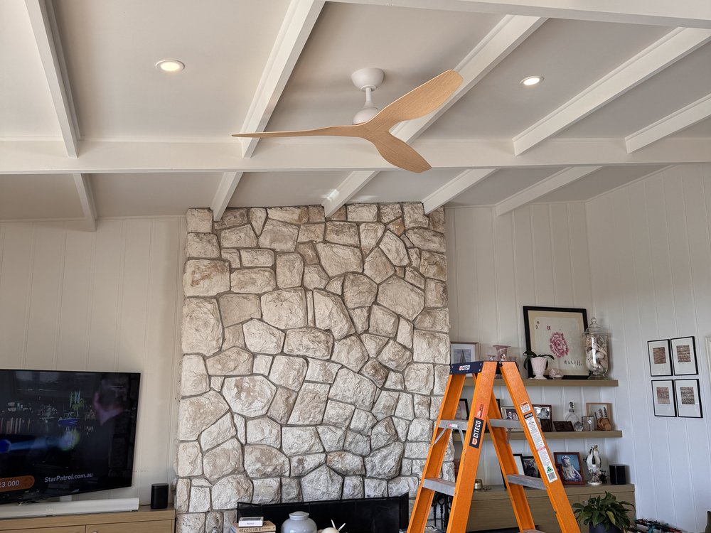 Ceiling fan installation in Blairgowrie — living room with vaulted ceiling